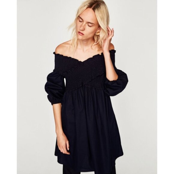 Zara Off The Shoulder Smocked Bodice Cotton Poplin Mini Dress in Black M EUC - Picture 7 of 15
